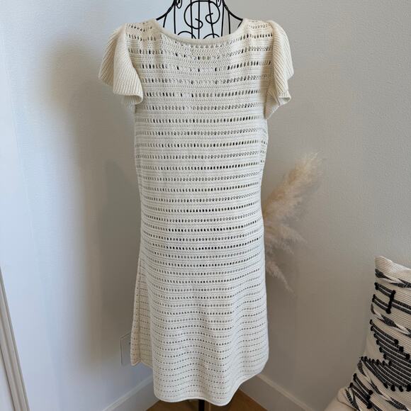 Treasure & Bond Flutter Sleeve Crochet Cream Linen Blend Sweater NEW Large - Picture 5 of 11